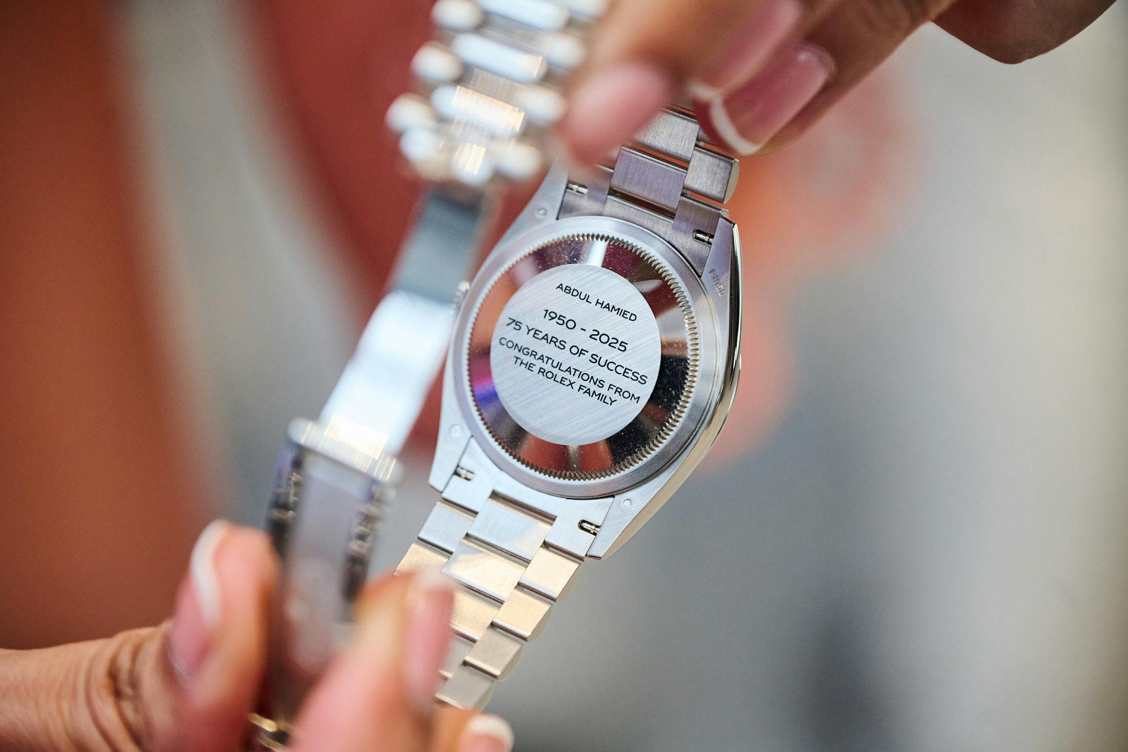 A celebratory Rolex Day-Date caseback engraving for 75 years of Seddiqis. But we'll get to that in a bit.