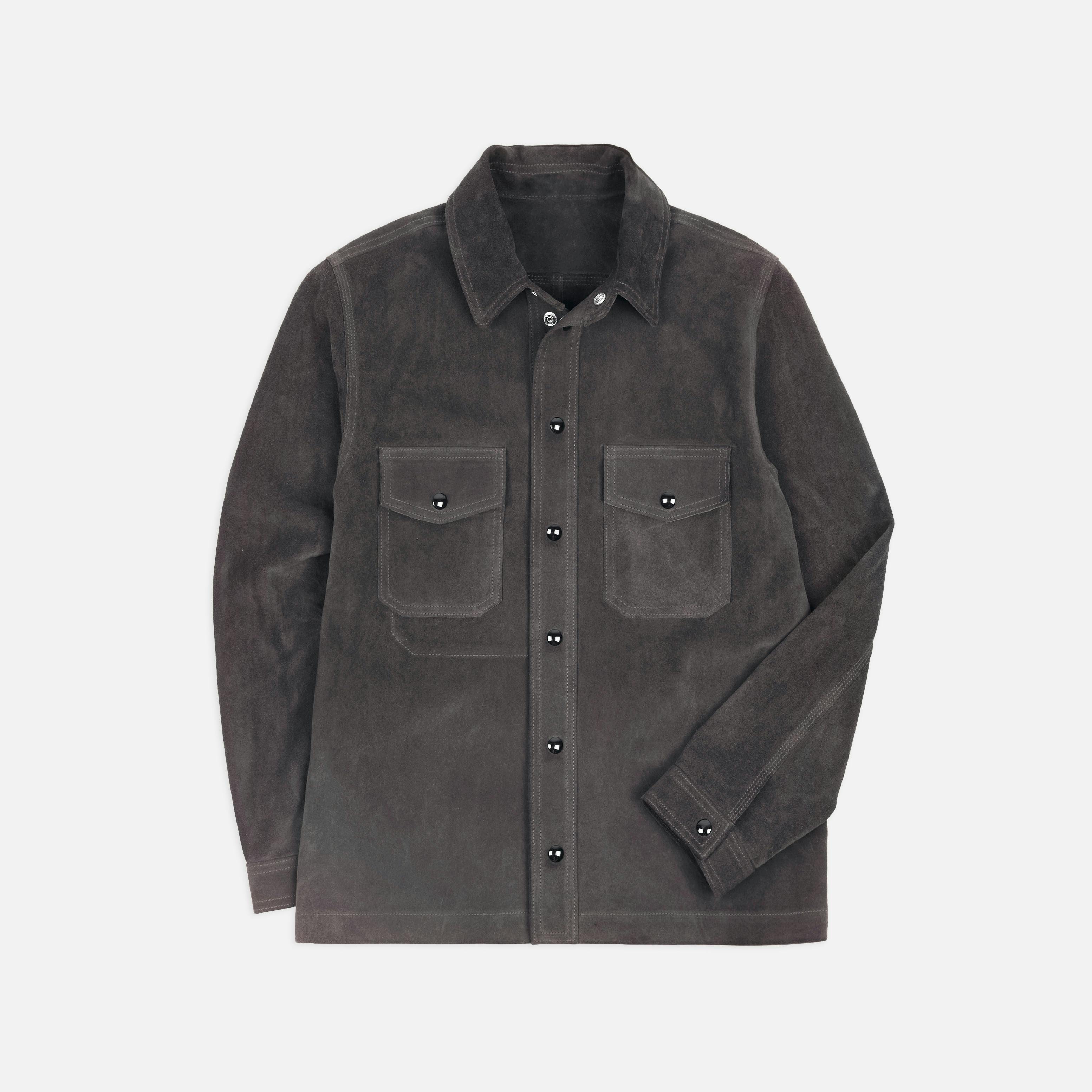 <p><a href="http://shop.hodinkee.com/products/drakes-suede-overshirt" target="">Grey Roughout Overshirt in Grey Suede</a></p>