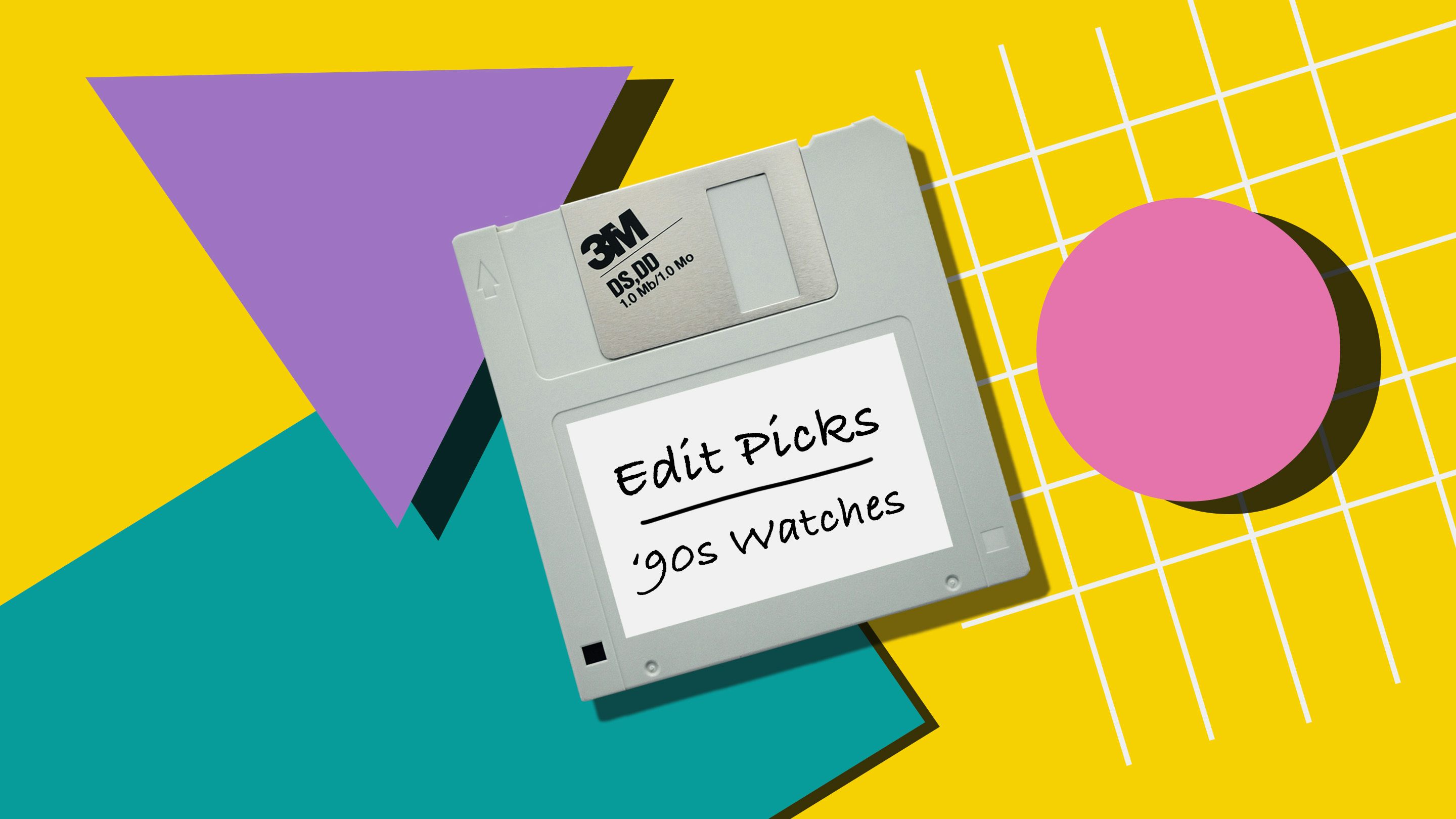 Graphic of a floppy disk with the text 'Edit Picks '90s Watches' 