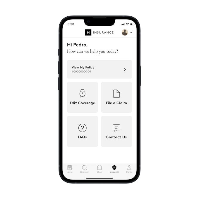 A mock-up of a smartphone with the HODINKEE app open to the Insurance tab.
