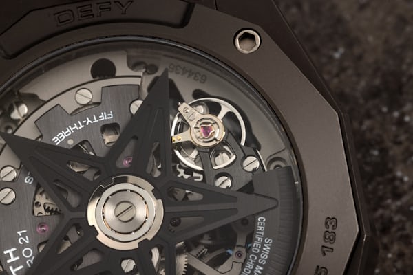 A macro shot showing the balance of the Zenith Defy Extreme movement