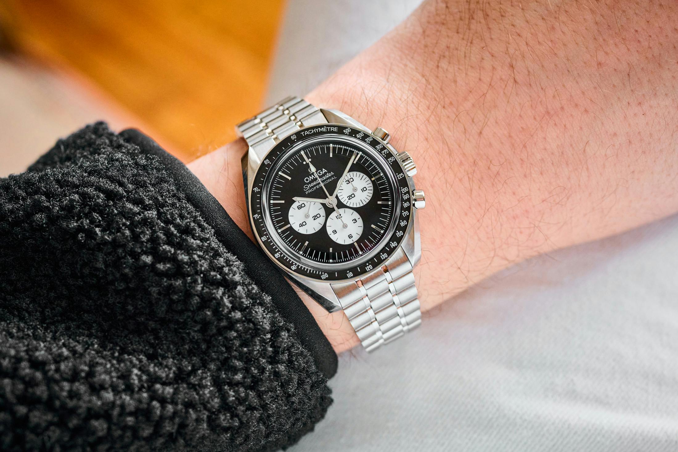 Moonwatch black and white steel wristshot