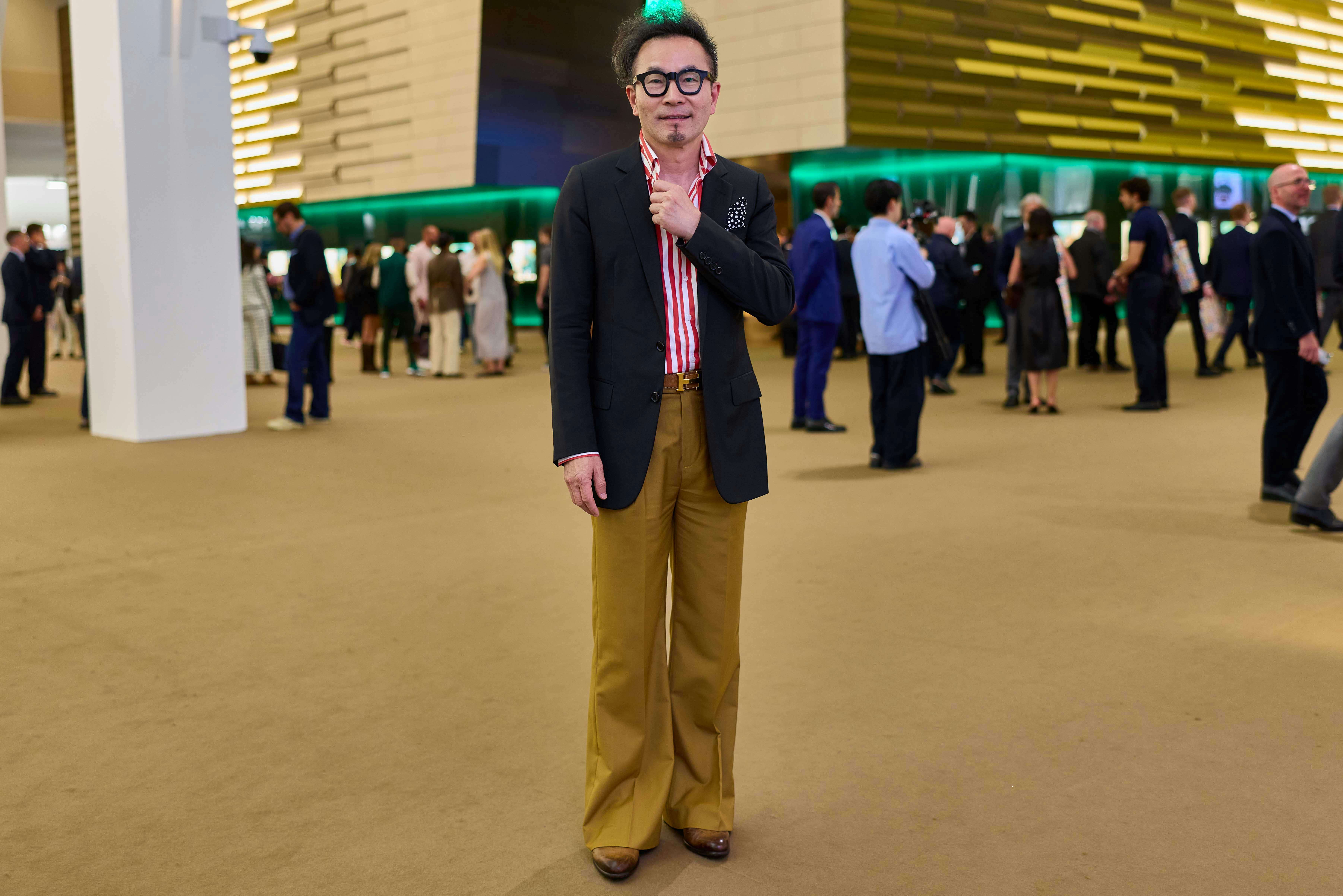 Pierre Lu (@uboat_tiwan) in red and white stripes with a wide leg trouser