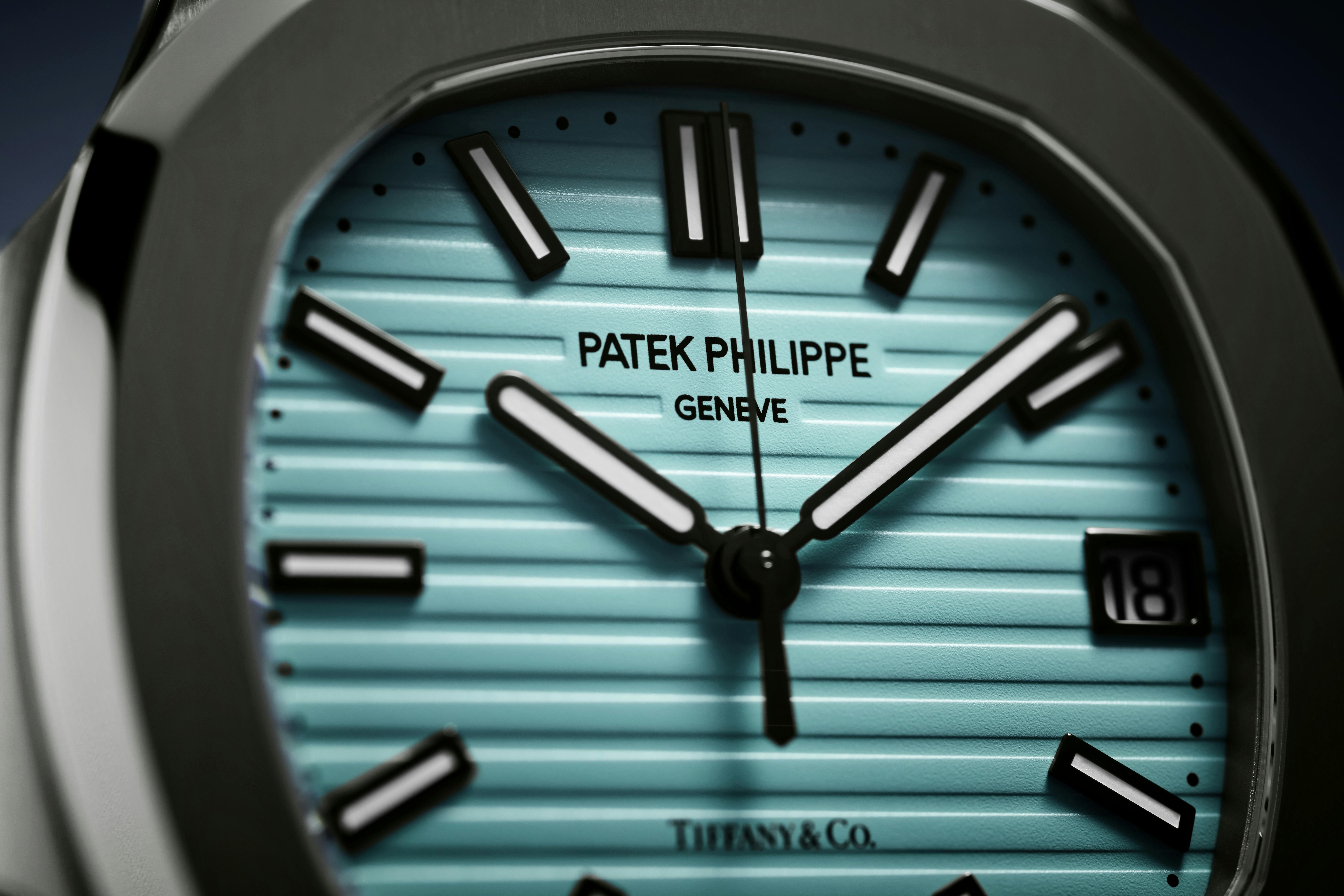 A close up of the dial on the Tiffany-Blue NAutilus 5711