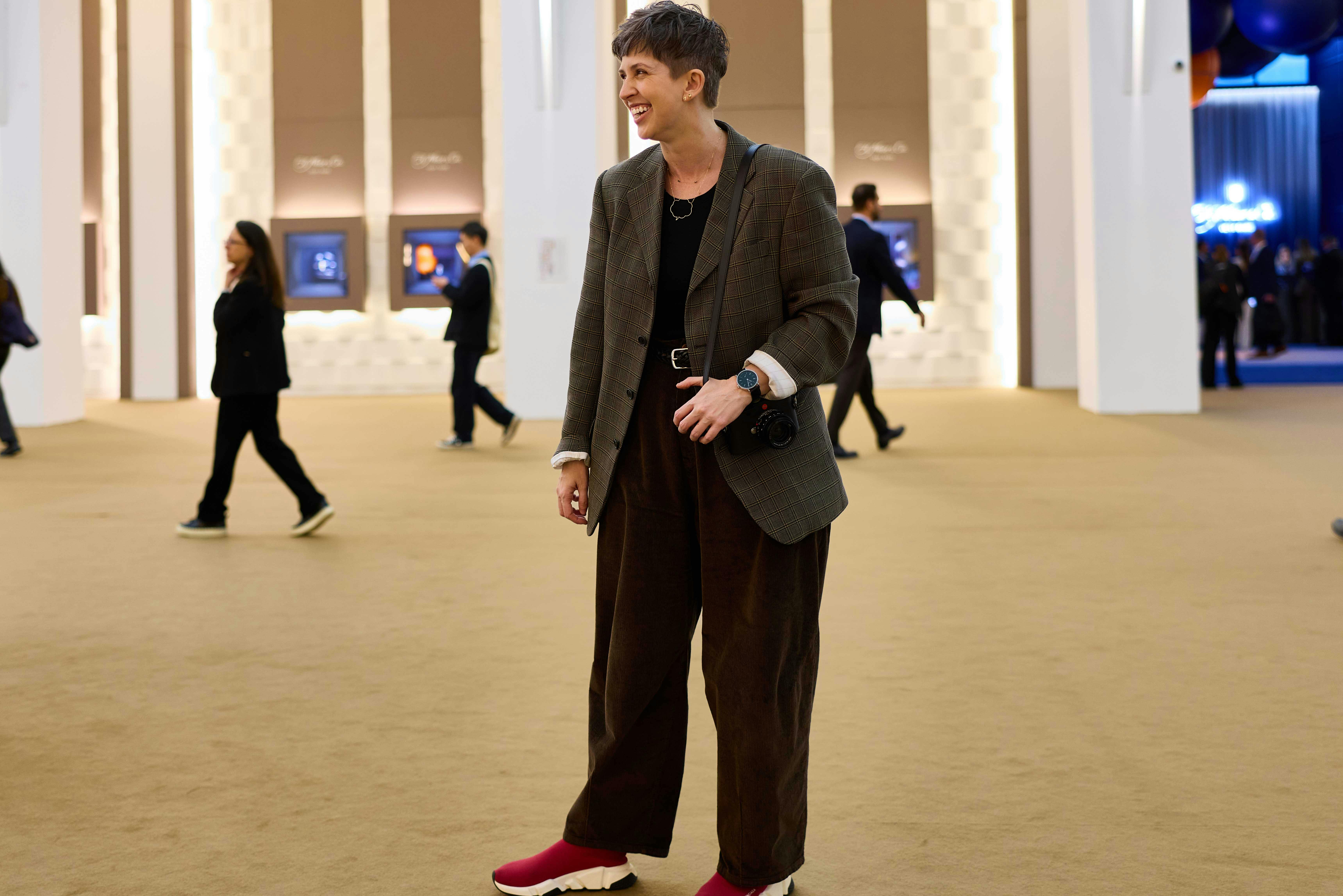 Lydia Winters (@lydiaswatches) wearing tweed, corduroy, and red Balenciaga sneakers.