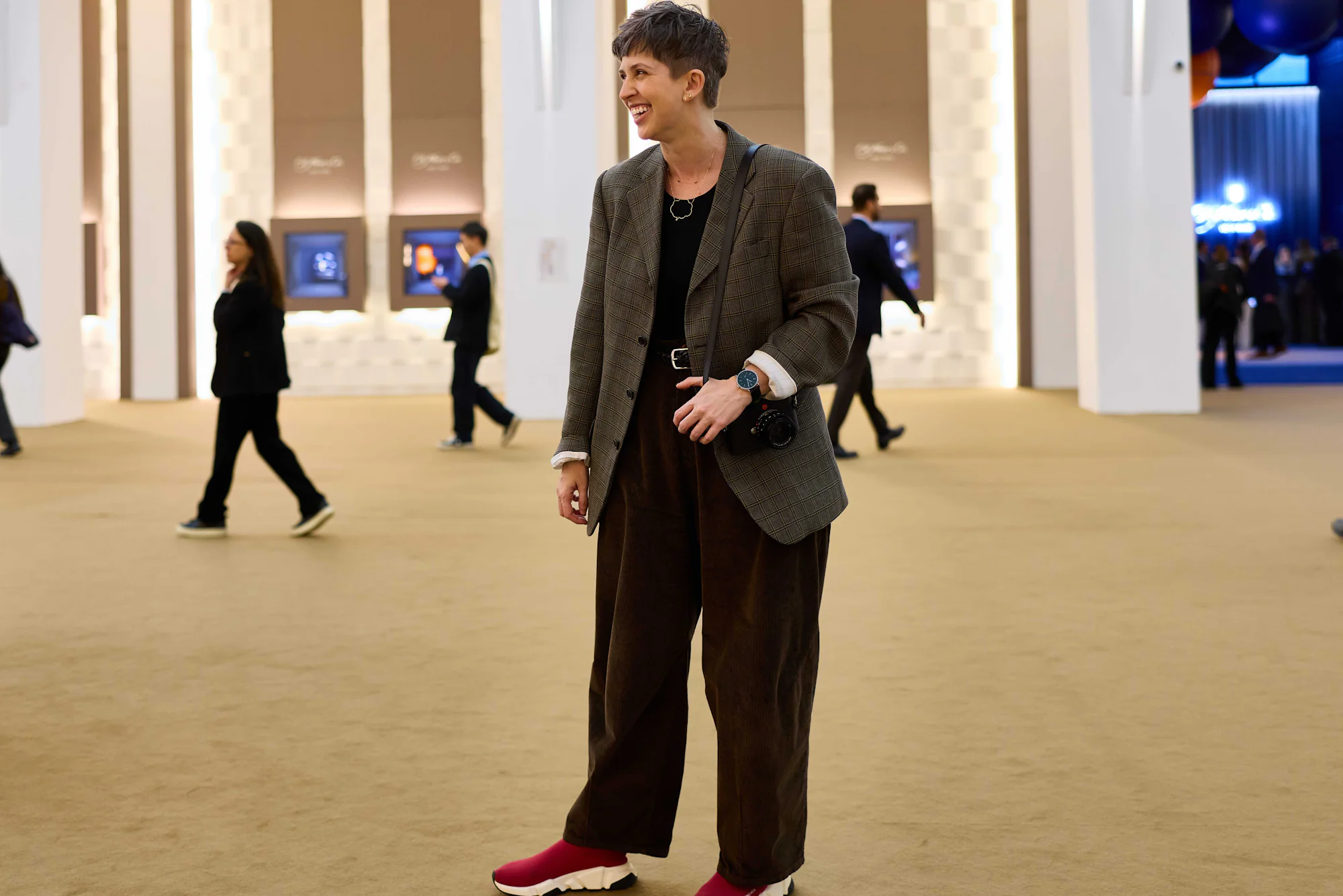 Lydia Winters (@lydiaswatches) wearing tweed, corduroy, and red Balenciaga sneakers.