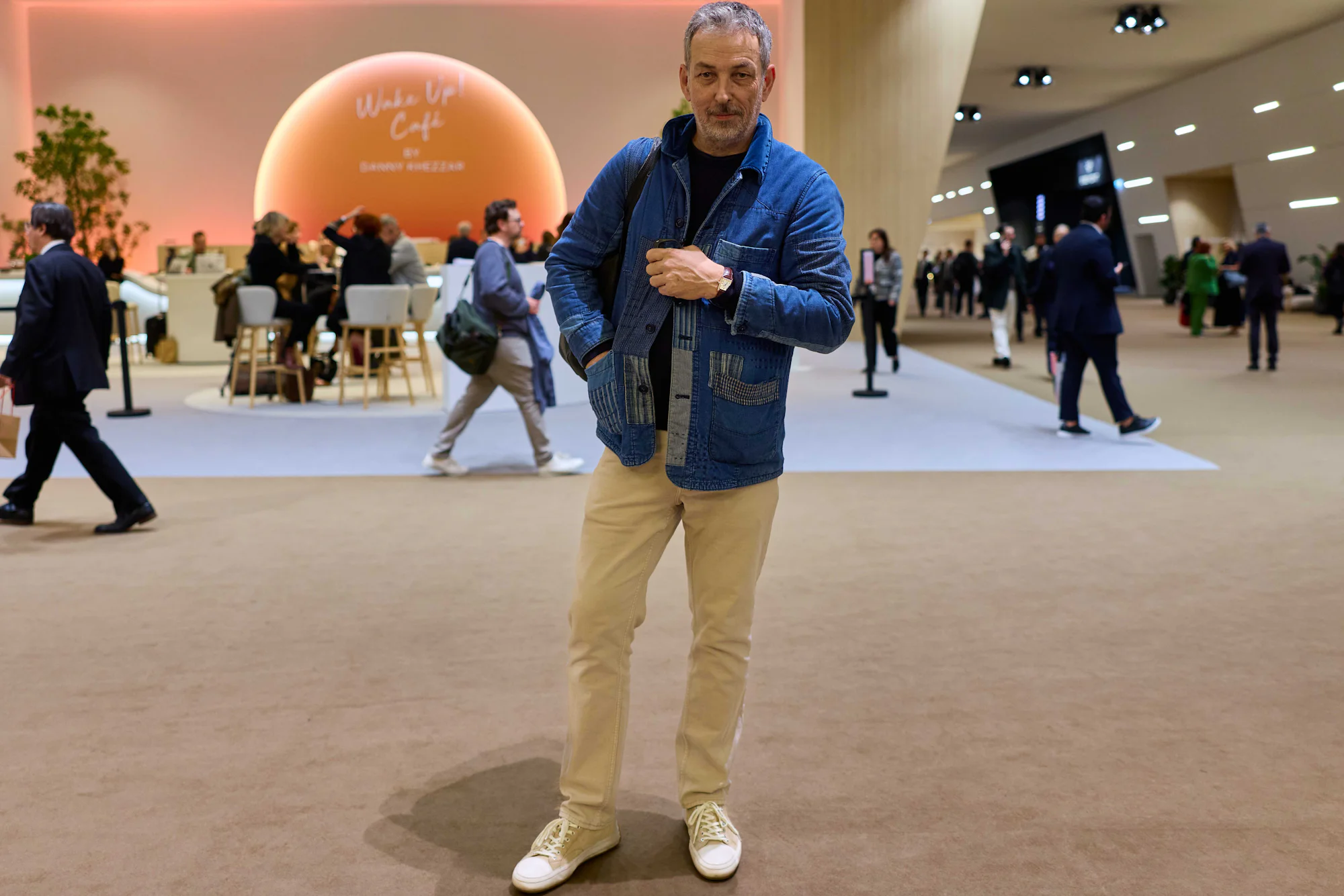 Esquire Creative Director Nick Sullivan (@Nicksullivanesq) in a Blue Blue Japan indigo patchwork chore coat.