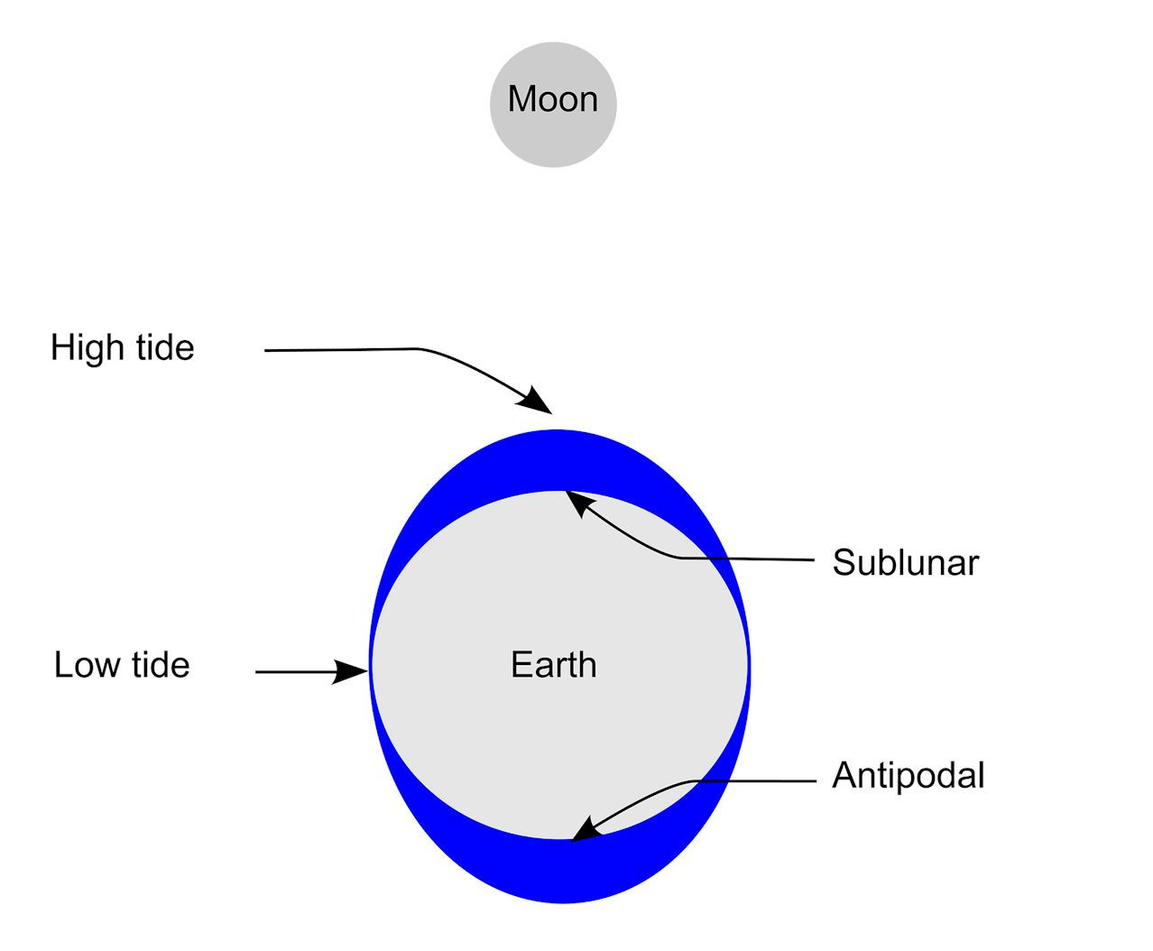 Diagram, position of the Moon and Earth, and tidal bulges
