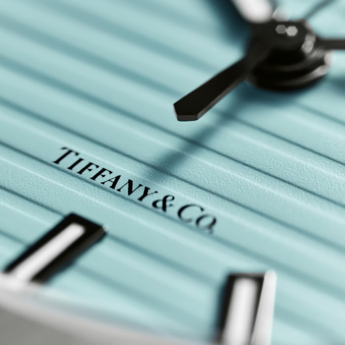 A closeup of the dial on the Tiffany Blue Patek Philippe 5711