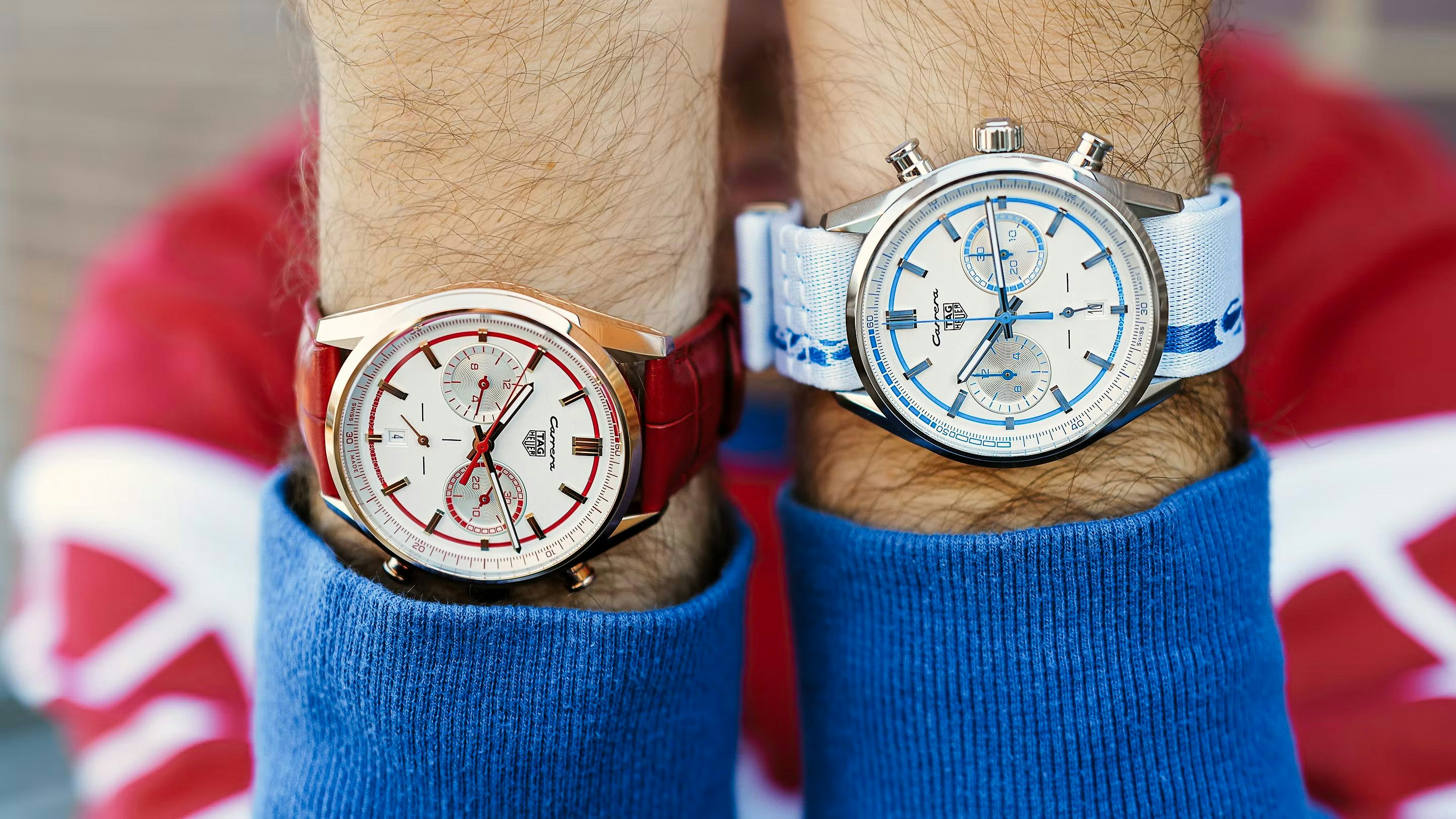 The TAG Heuer Porsche Carrera 911 RS 2.7 Watches in red and blue on wrist 