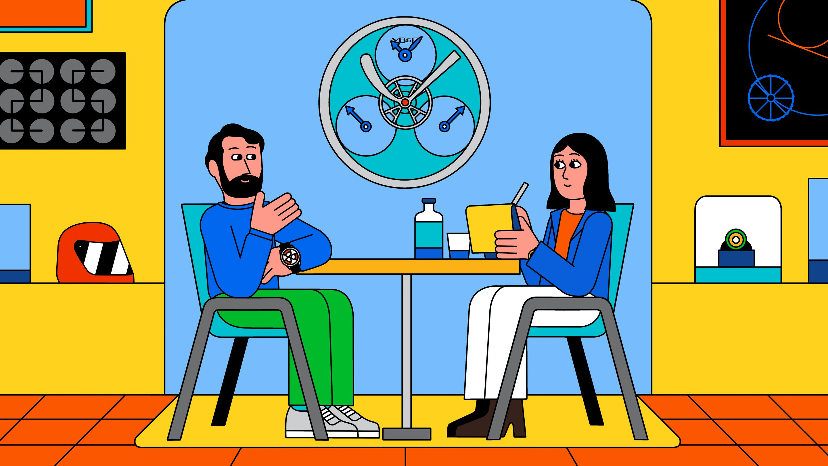 illustration of two people sitting at a table 