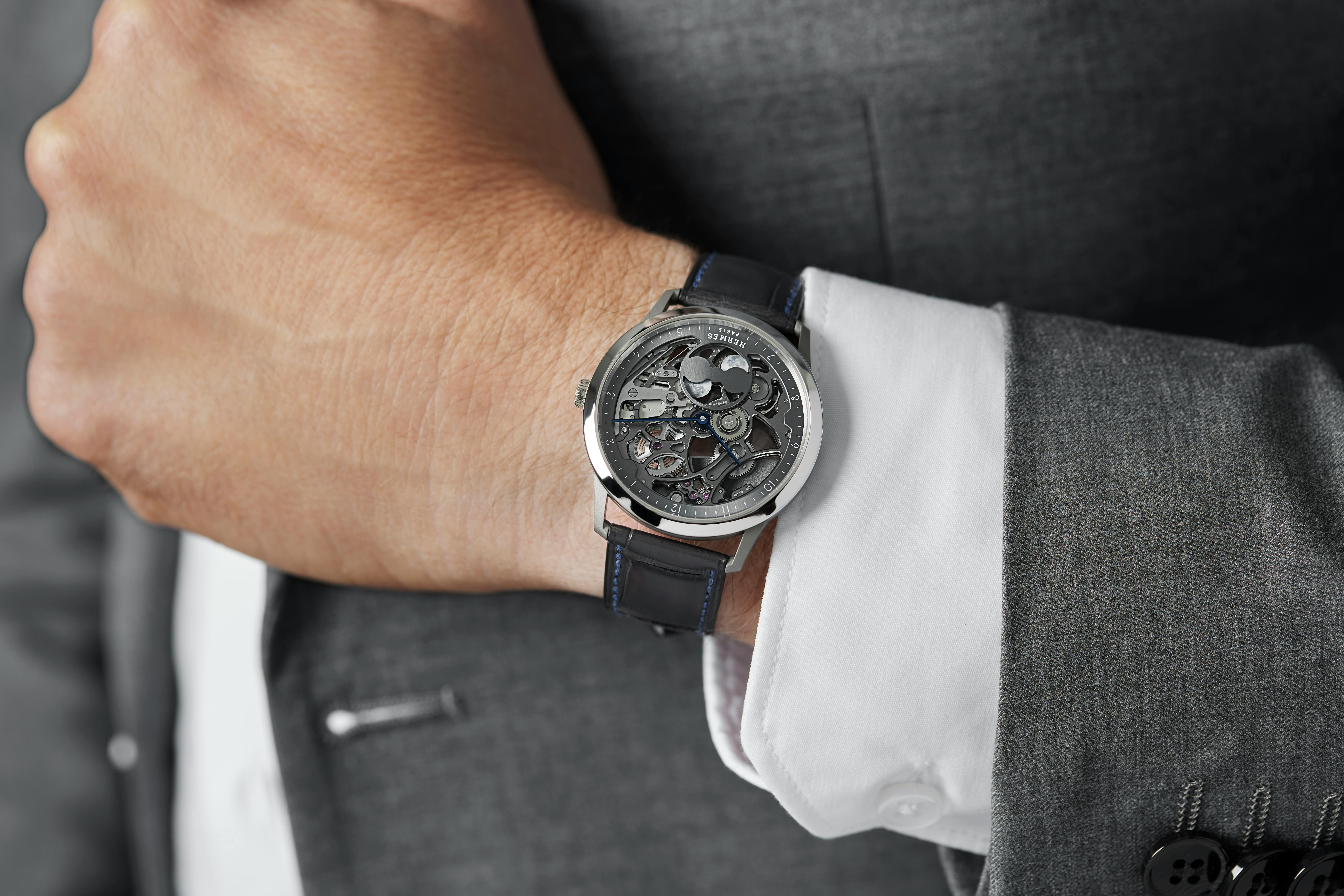 Slim D'Hermès Squelette Lune In Titanium And Platinum on wrist