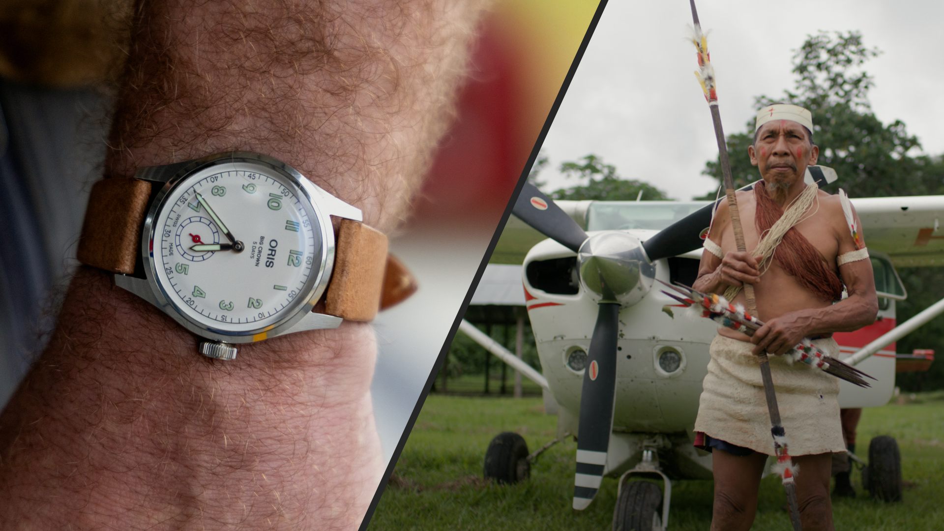 Split screen: Oris Wings of Hope Limited Edition (left), and a member of an Amazonian tribe in Ecuador