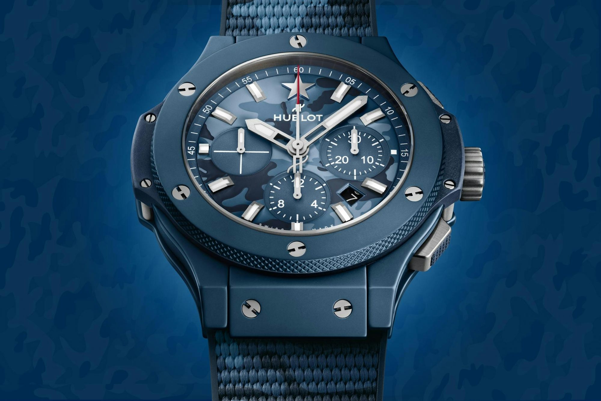 A soldier image of the Hublot Big Bang Camo Texas on a blue background.