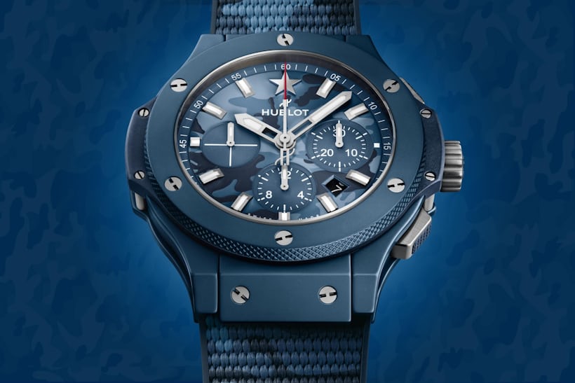 A soldier image of the Hublot Big Bang Camo Texas on a blue background.