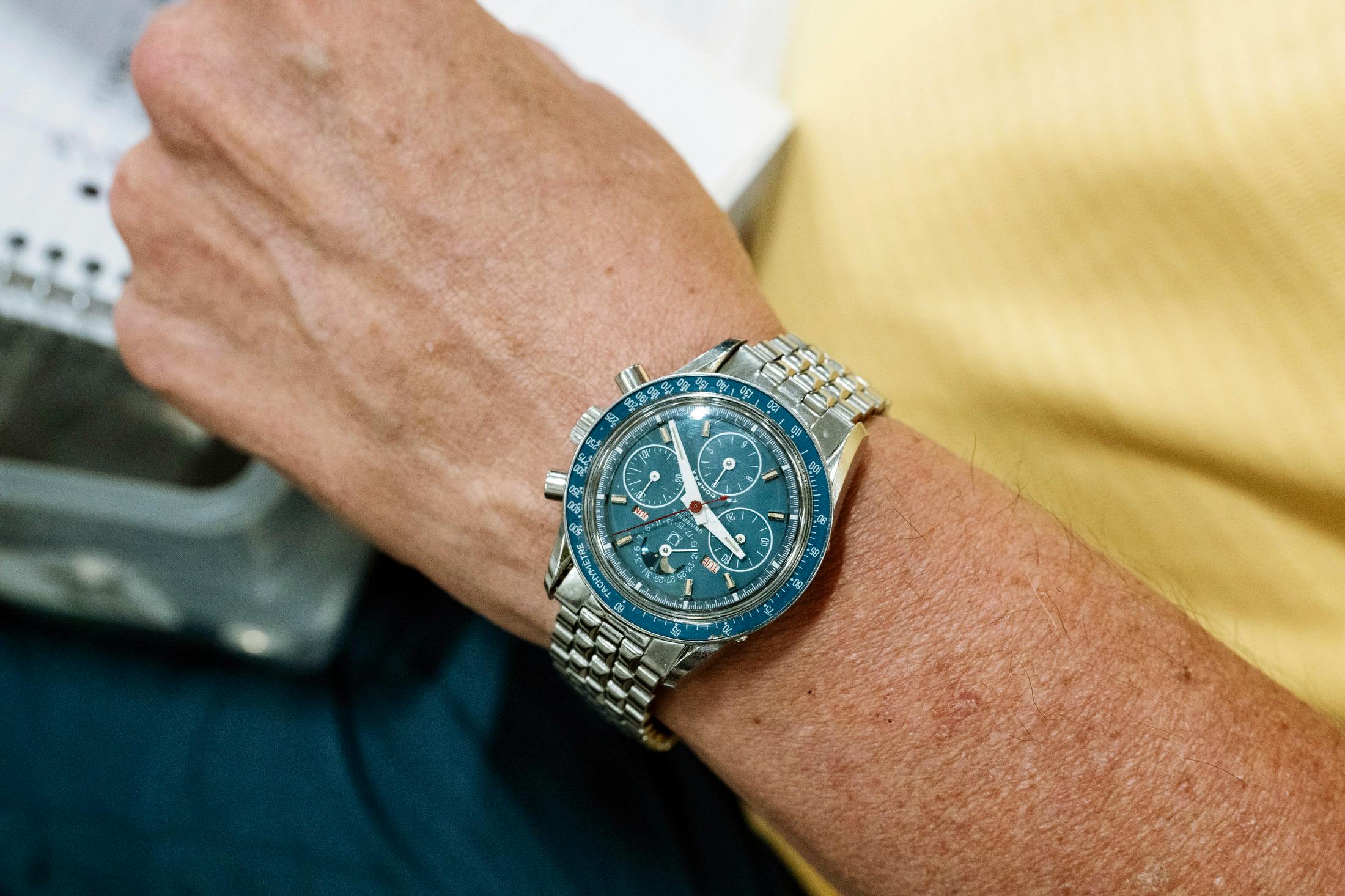 Longtime NAWCC member Thomas Rumpf with his star of the show blue Universal Genève Tri-Compax.