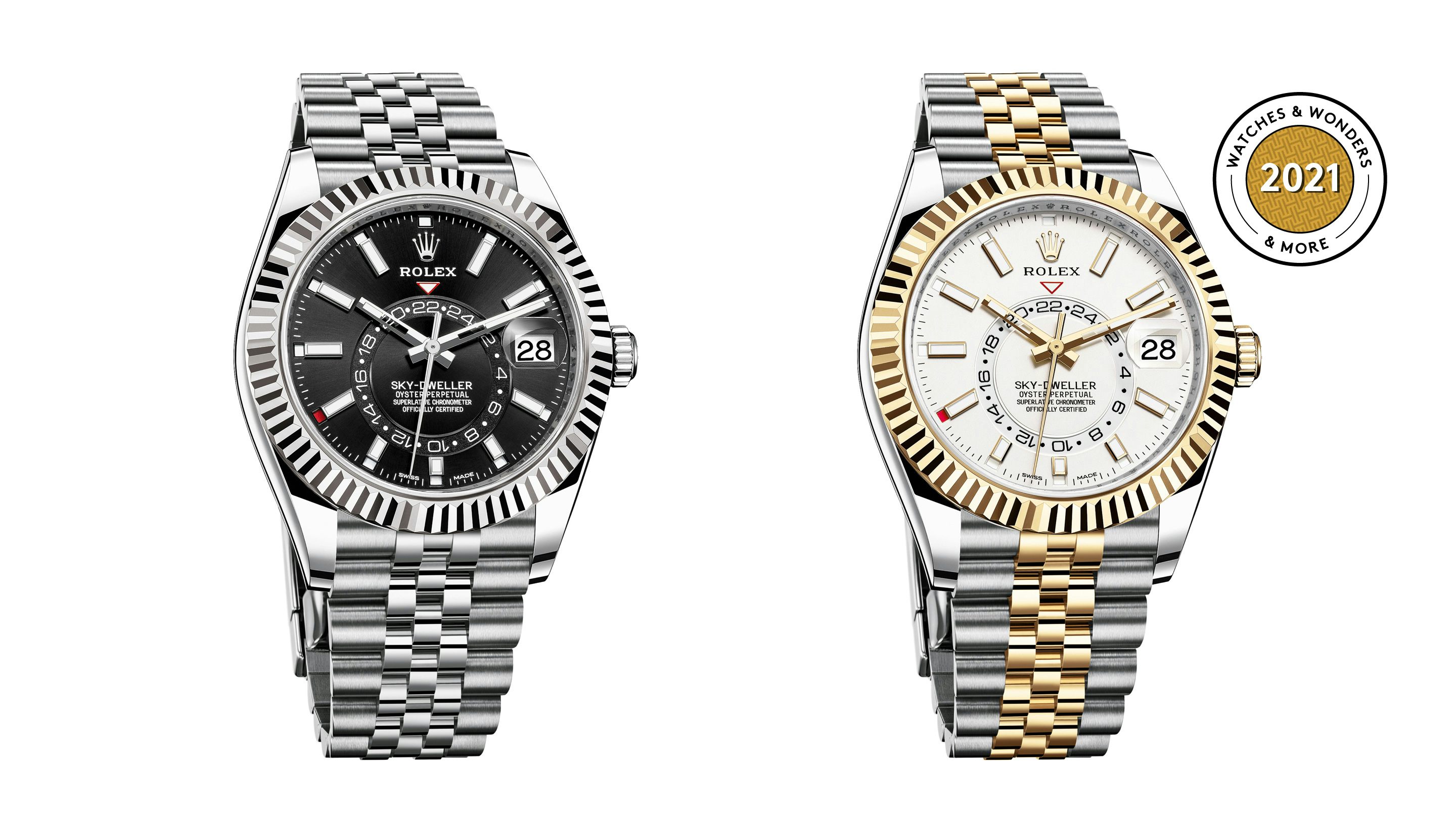 LV Luxury Jewelers - Keeping track of time across the world. The Rolex Sky-Dweller  in Oystersteel and yellow gold, 42 mm case, intense white dial, a Jubilee  bracelet. #Rolex #SkyDweller . . .
