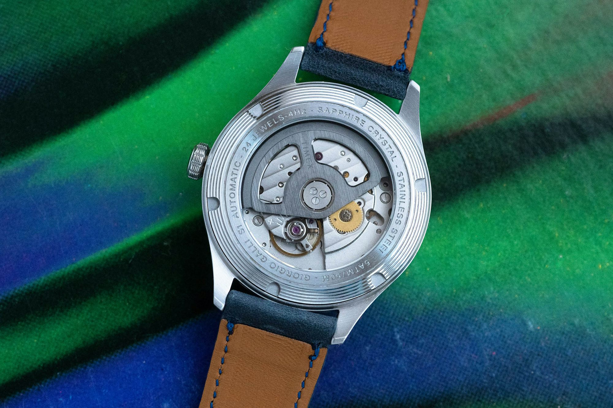 A caseback image of the Timex Giorgio Galli S1 Automatic 38mm With Iceland Stone Dial