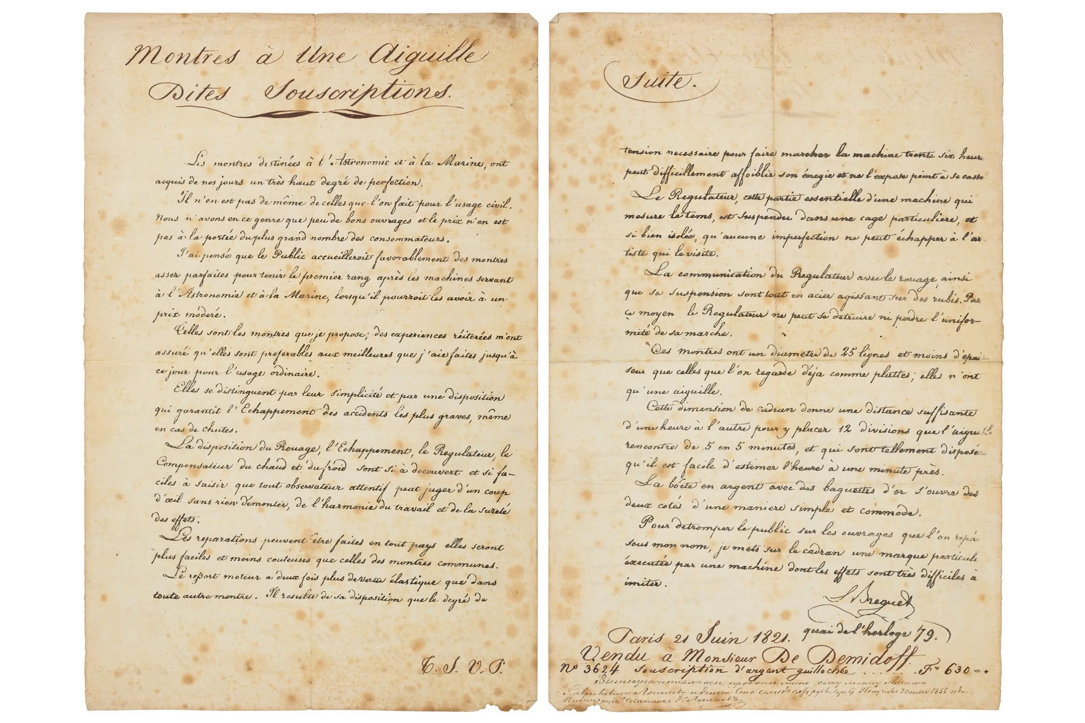 A Breguet document outlining the Souscription watches