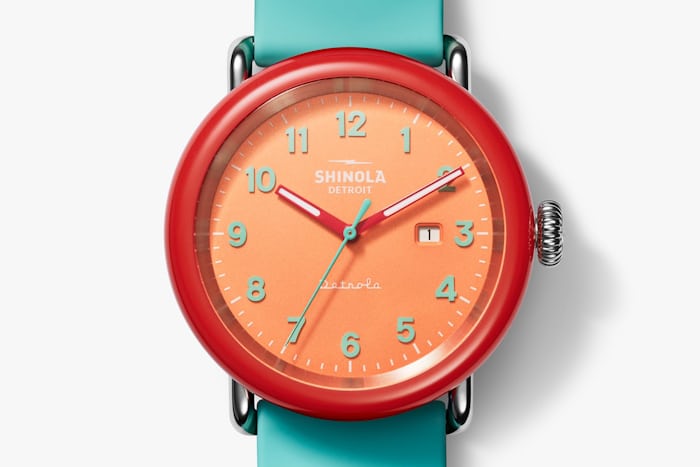 Shinola watch in bright colors on a white background