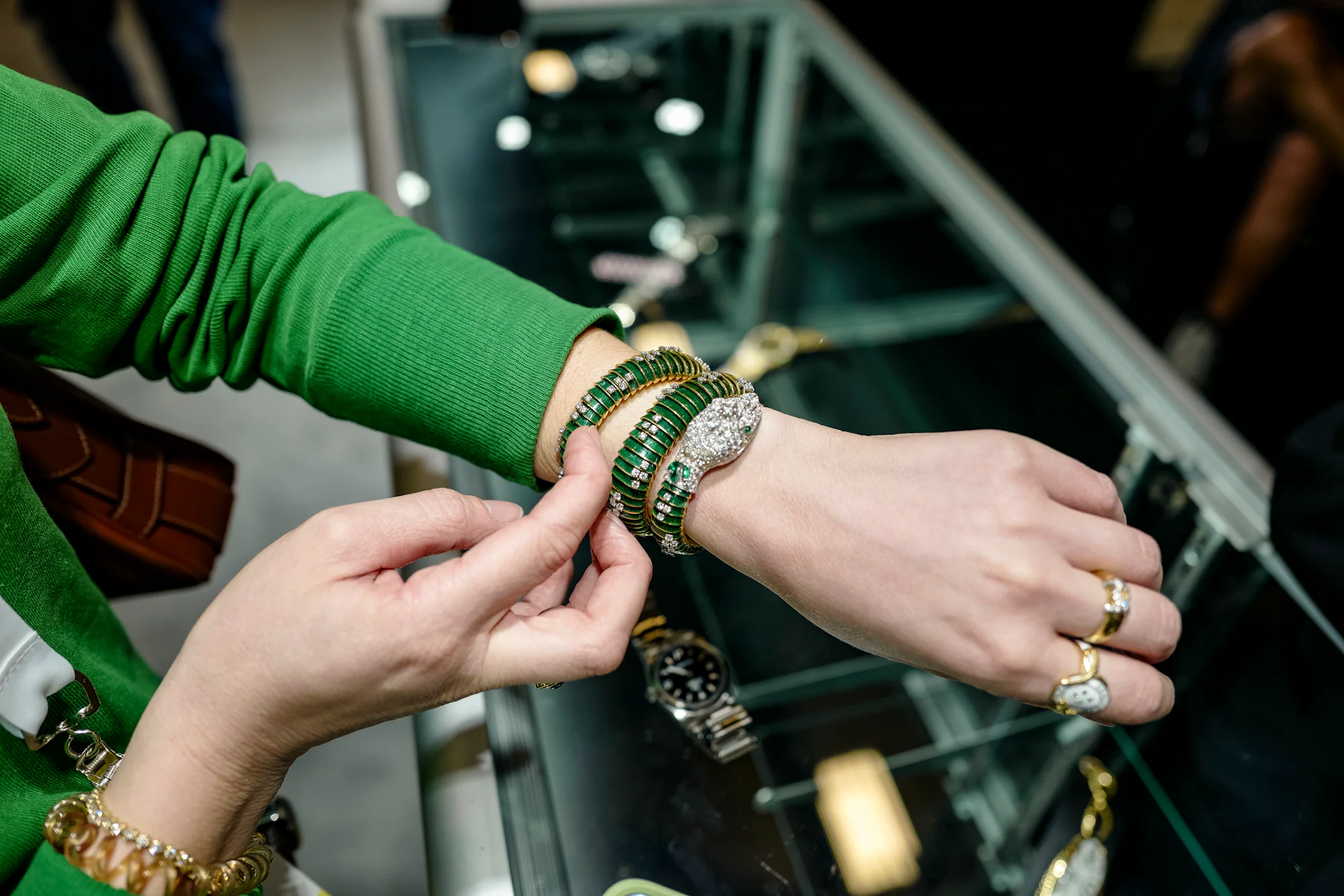 A Bulgari Serpenti on the wrist.