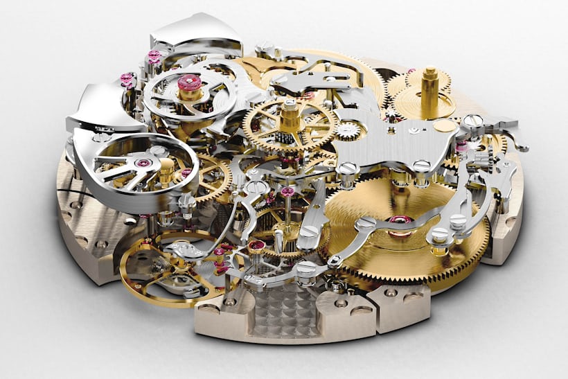 Repeater mechanism superimposed on the going train of the How They Made It: The Chopard LUC Full Strike Dio De Los Muertos Minute Repeater