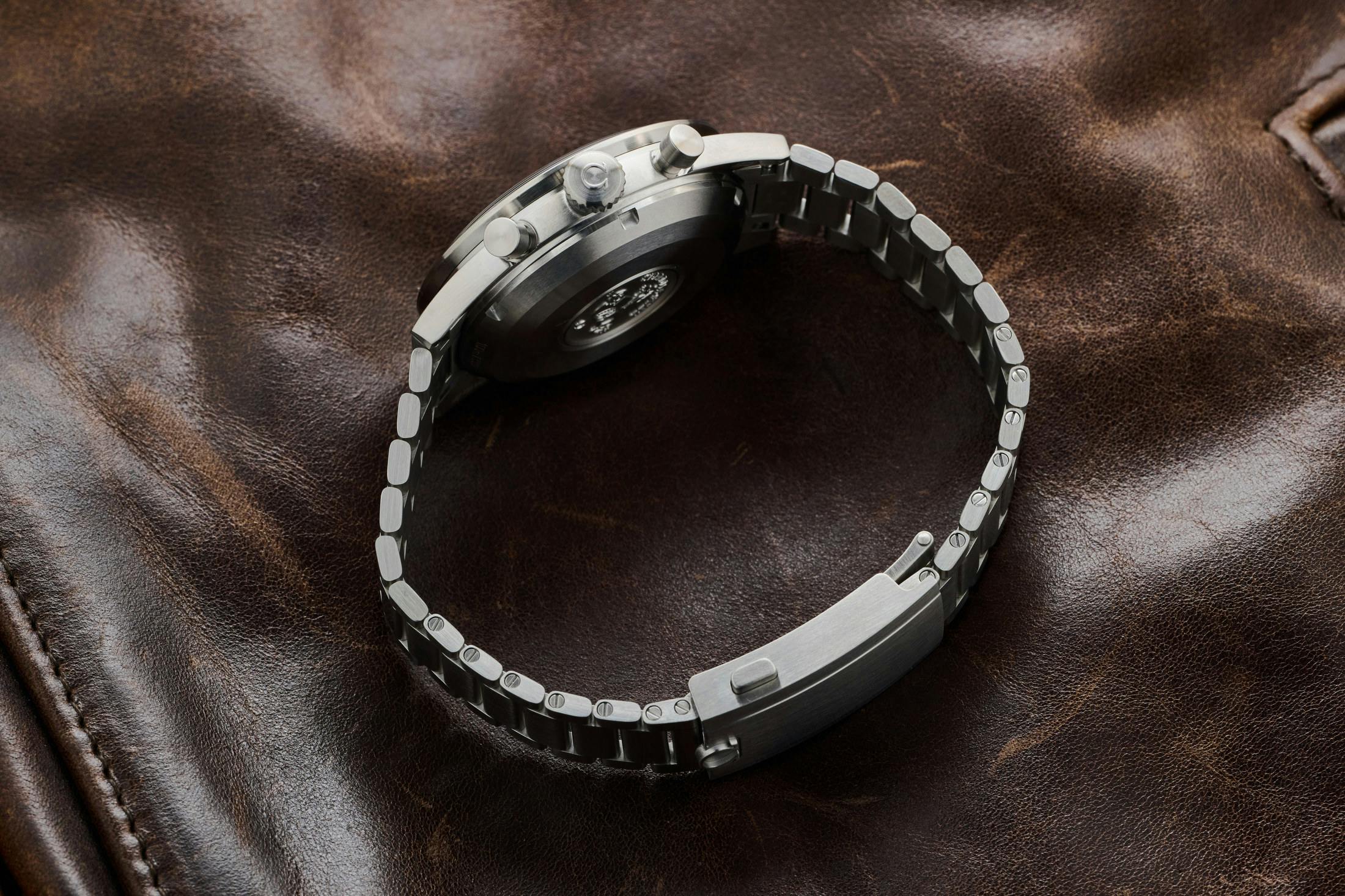 Omega Speedmaster Pilot laying on its side for thickness