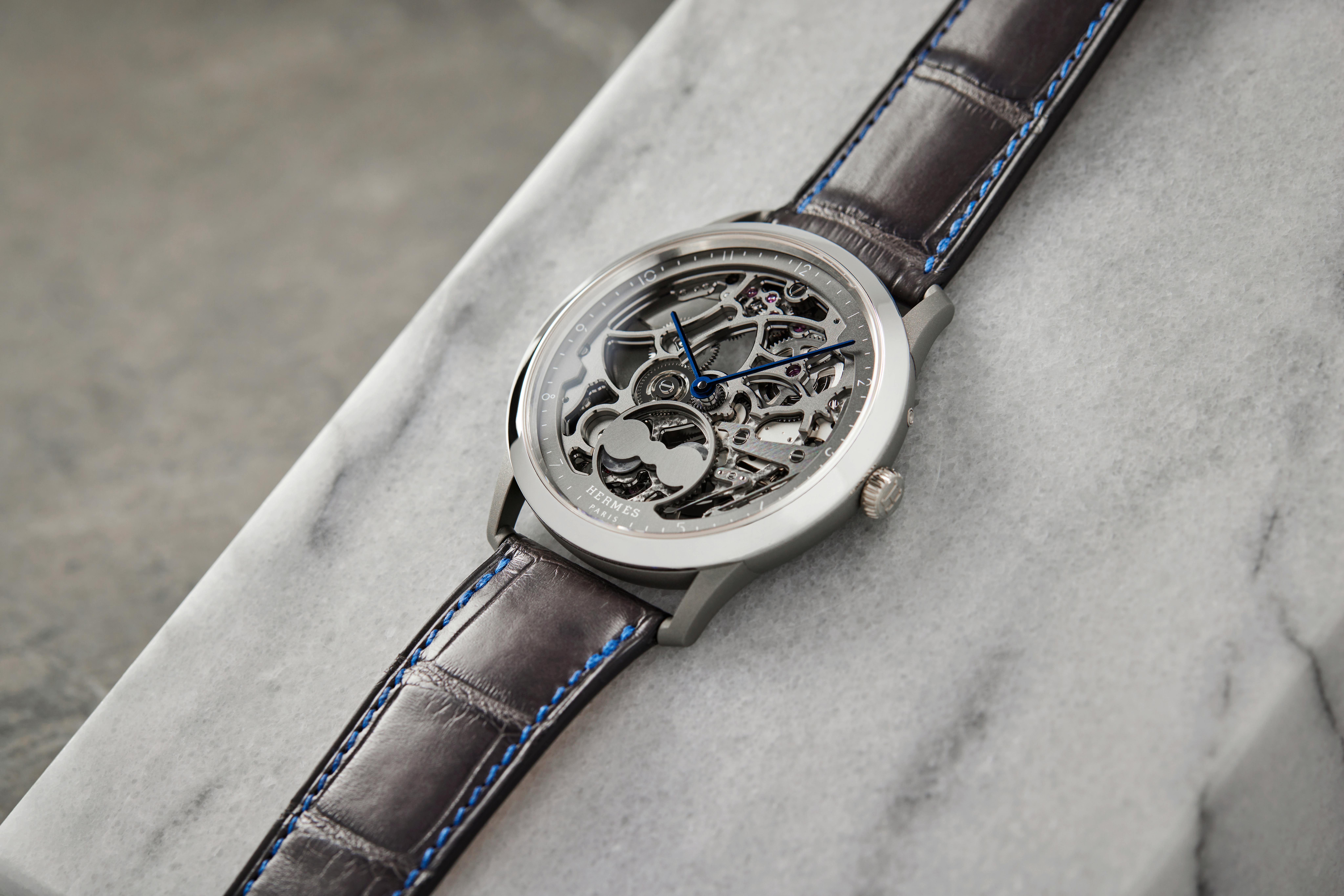 Hermès Slim D'Hermès Squelette Lune In Titanium And Platinum on wrist