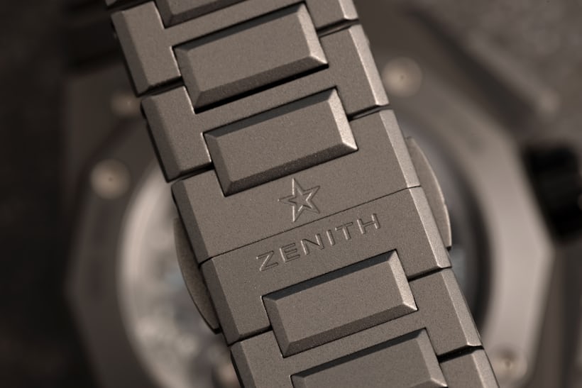 A macro shot of the clasp on the titanium bracelet the Zenith Defy Extreme
