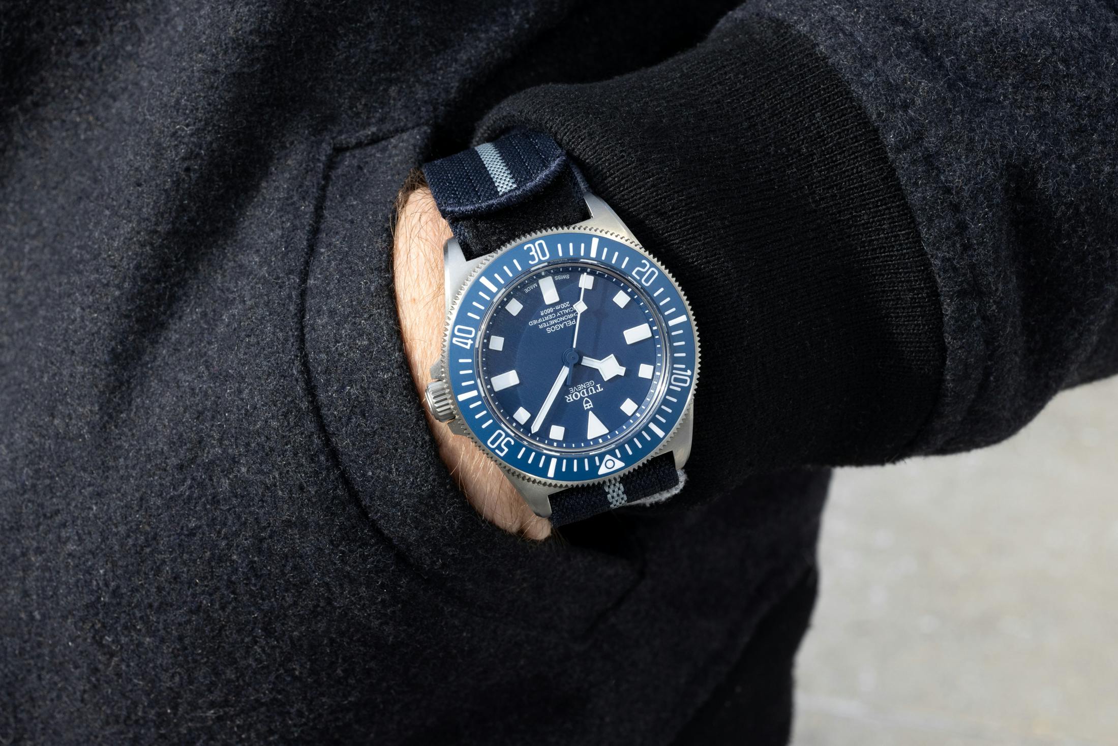 Tudor Pelagos FXD on model's wrist
