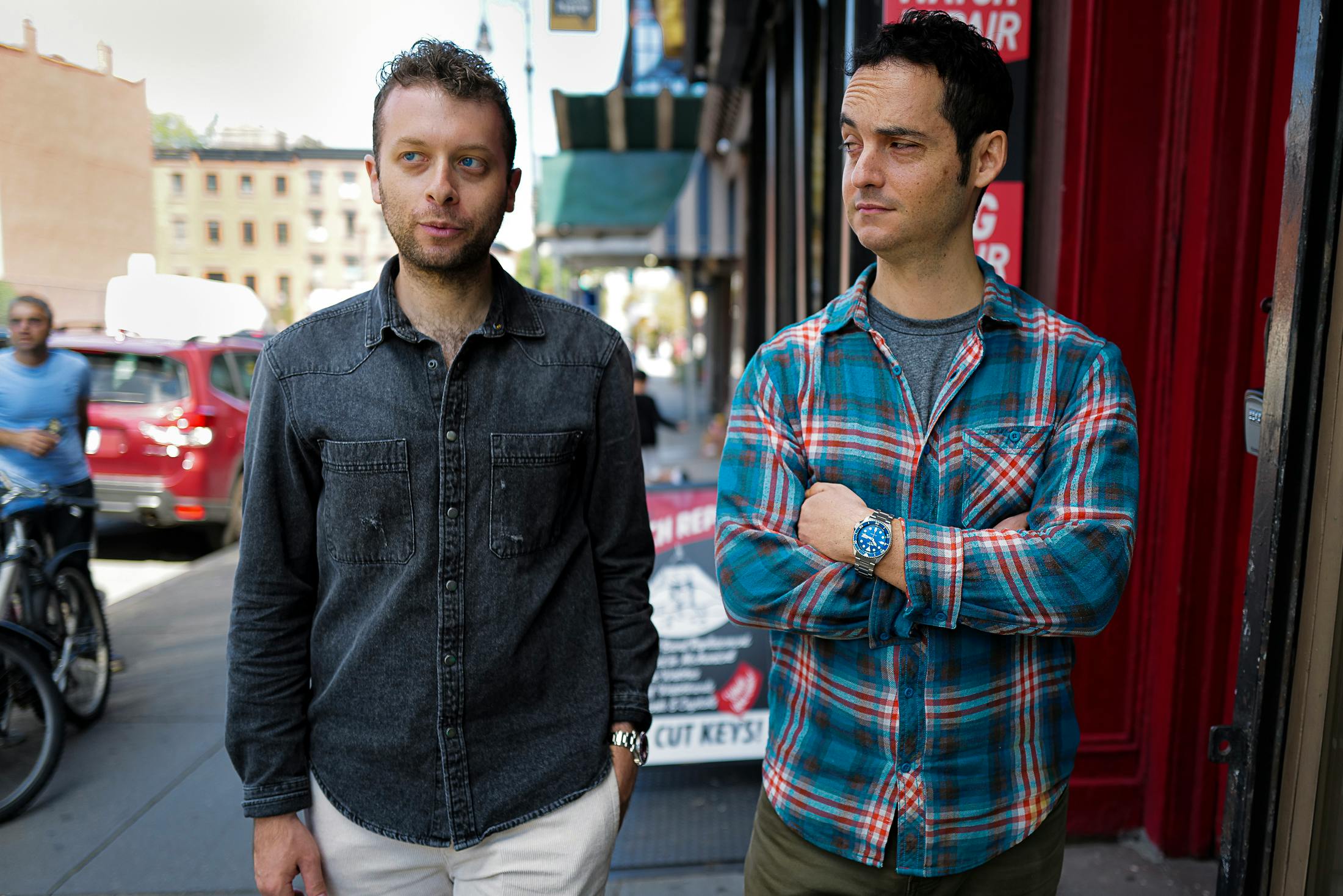The author and Jon Barr outside a watch repair shop