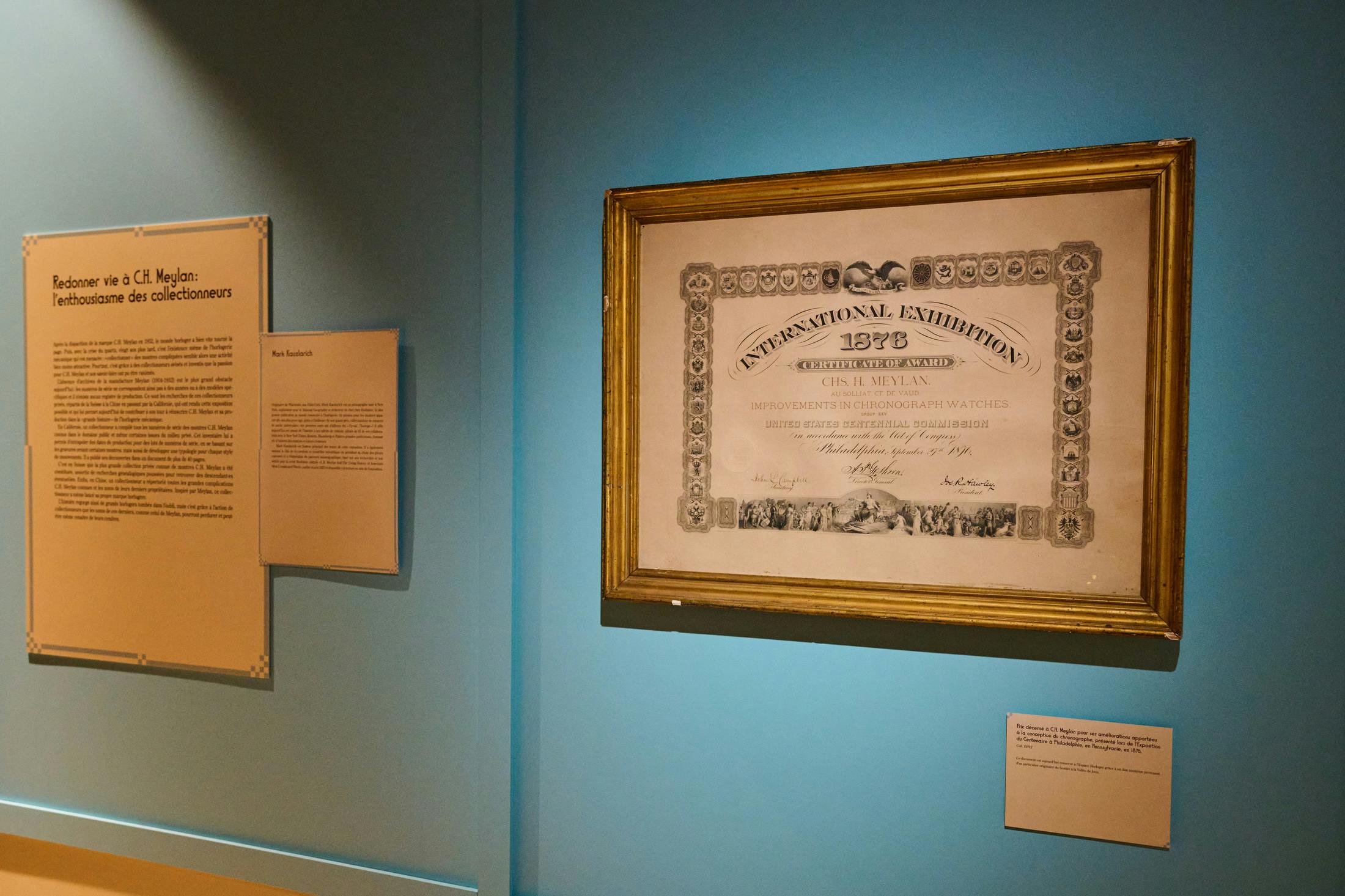 <p>The award from the international exhibition in 1878, where C.H. Meylan won for his improvements in chronograph watches. It was less than 15 years after the first functional chronograph was made by Nicole and Piguet (and Meylan trained under Nicole).</p>