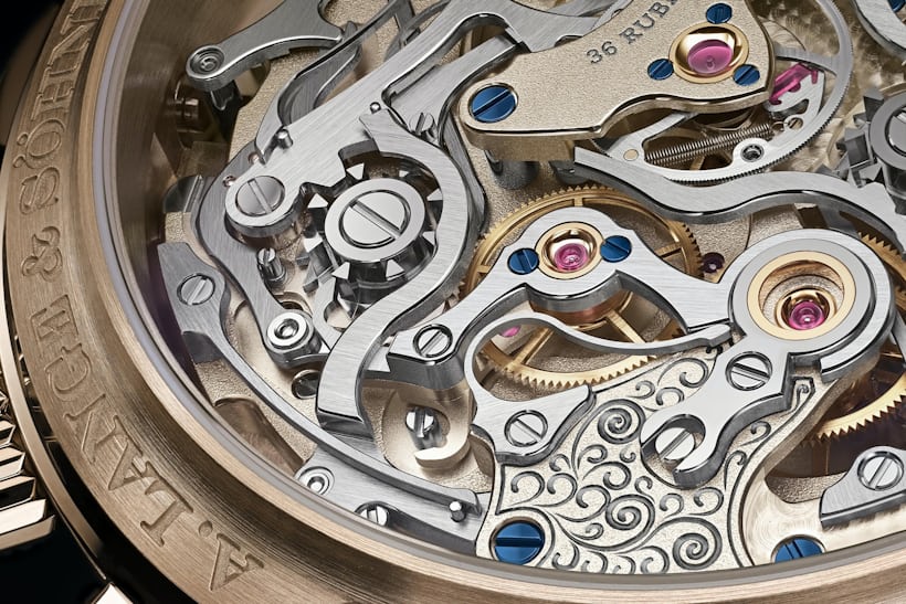 A look at the mechanical manual-wind movement inside the A. Lange & Söhne 1815 Rattrapante Honeygold.