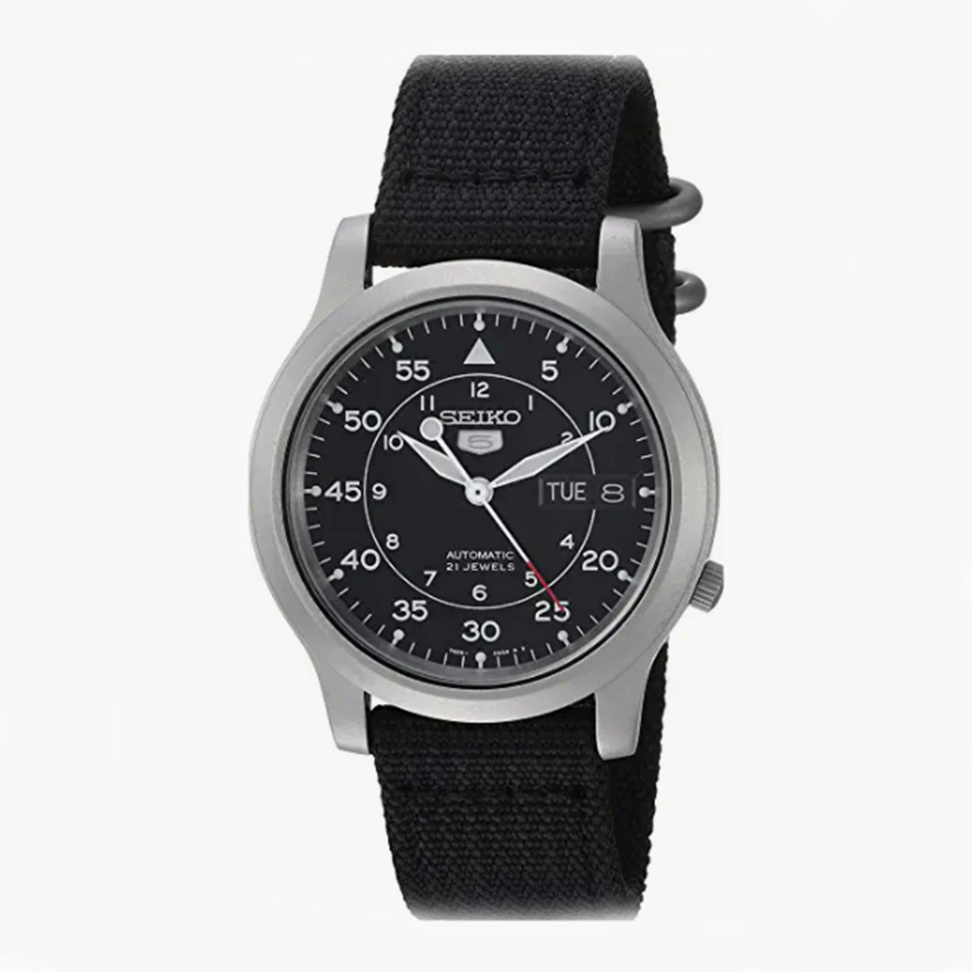 A Seiko 5 watch on a black strap 